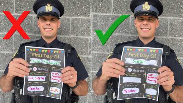 Officer showing the right and wrong information to put in a back to school flyer. Avoiding identifying details