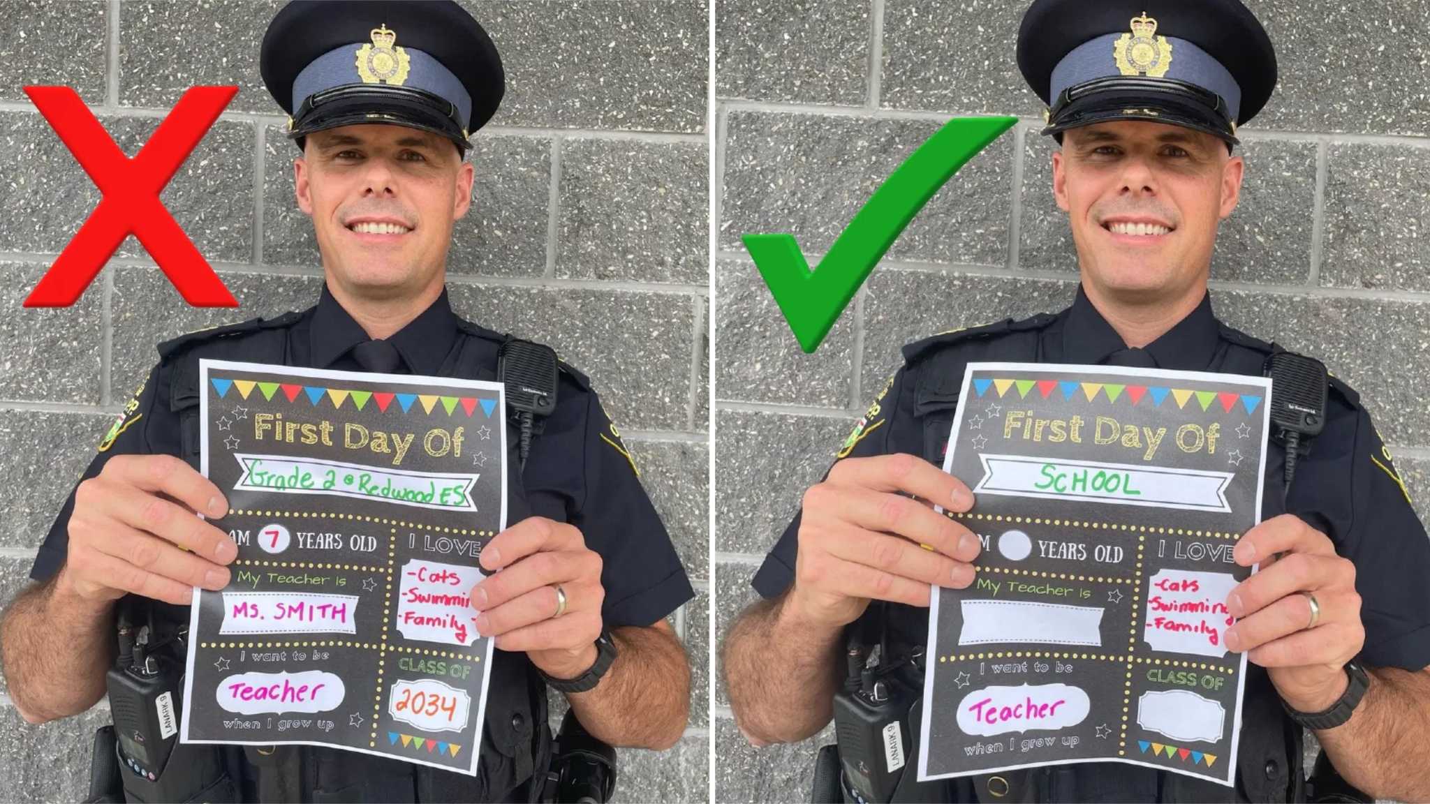 Officer showing the right and wrong information to put in a back to school flyer. Avoiding identifying details